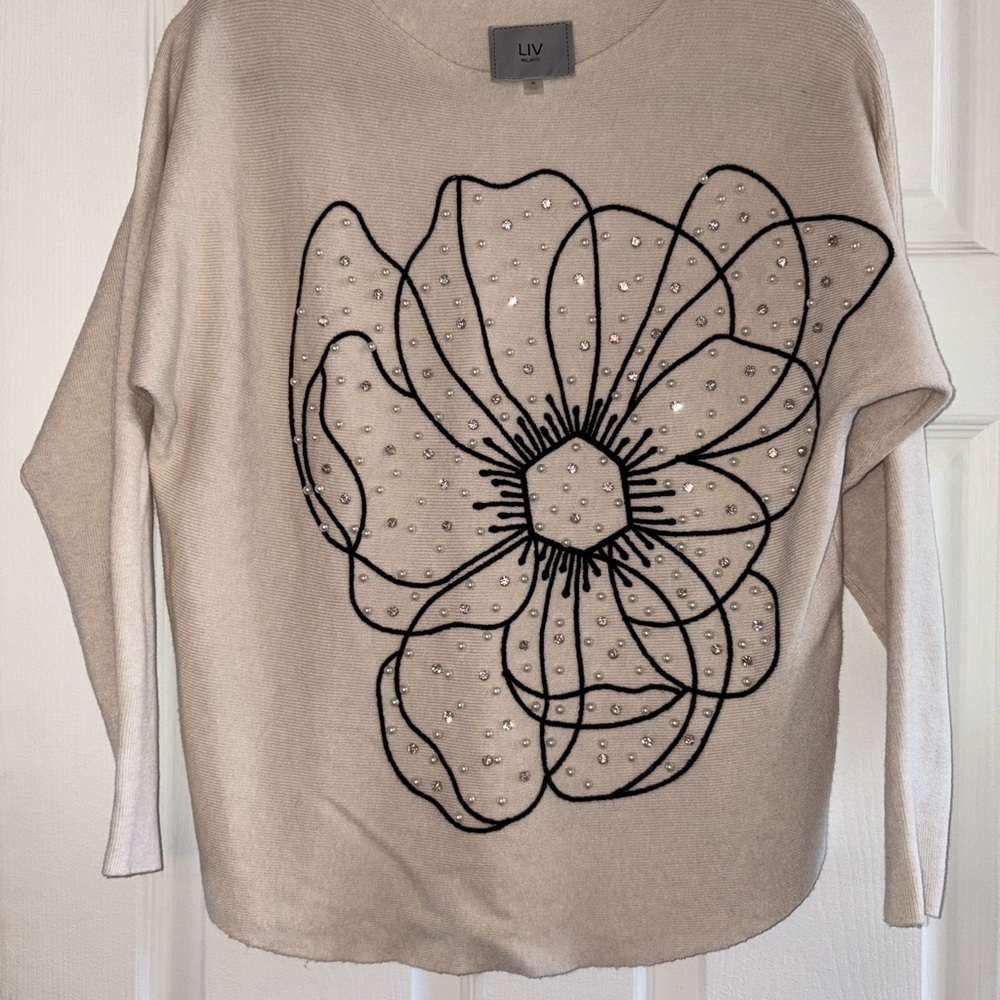 LIV Women's Cream Sweater with Black Floral Design